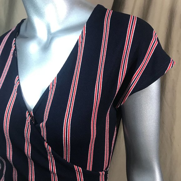 Rebel Sugar Women's Small Striped Blue Red Short Body-con Style Dress Faux Wrap - Picture 9 of 16